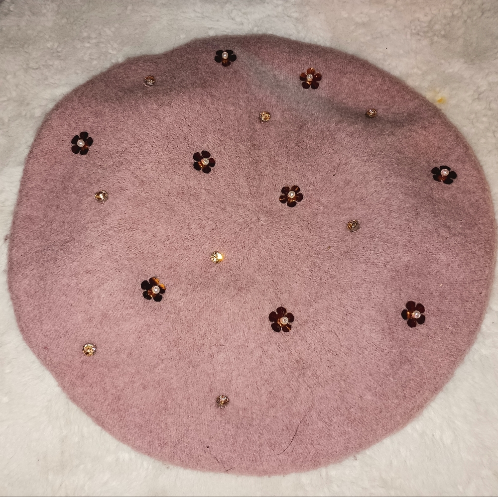 Bijou Brigitte Pink Beret With Floral Applique & Crystals
